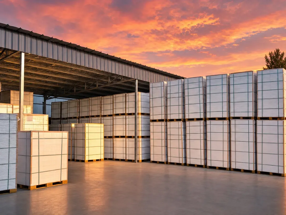 Factory outdoor storage yard for packed calcium silicate boards on pallets
