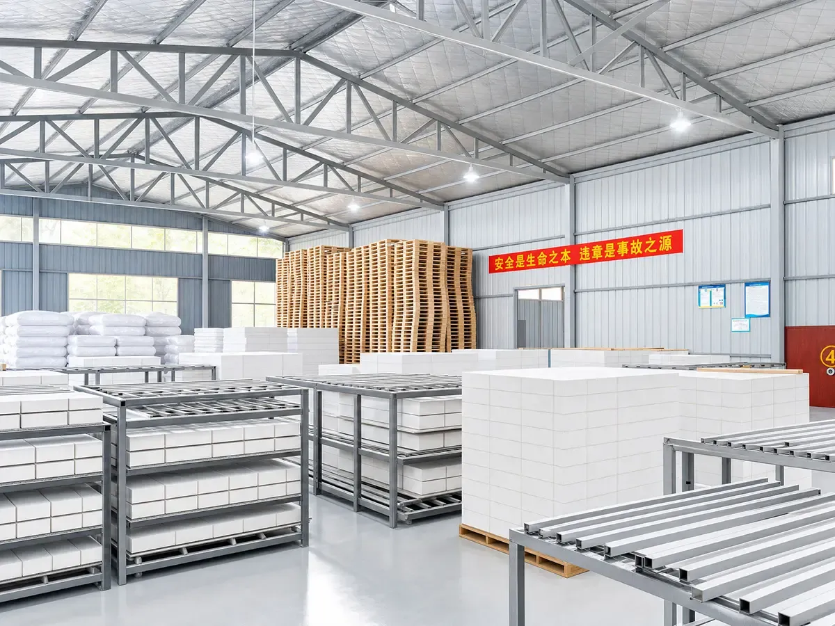 Factory packing area with stacked calcium silicate board finished goods