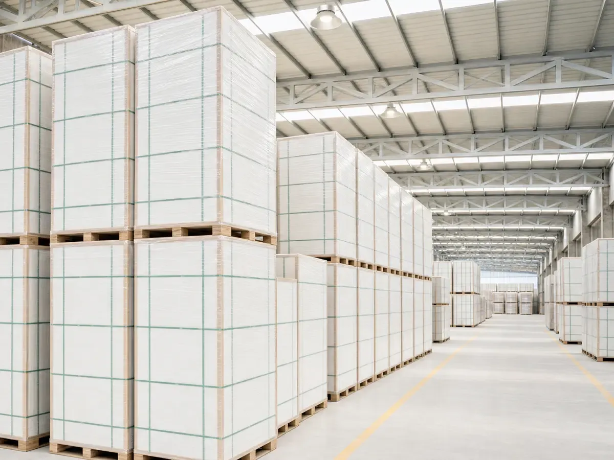 Warehouse storage area for packed calcium silicate boards on wooden pallets