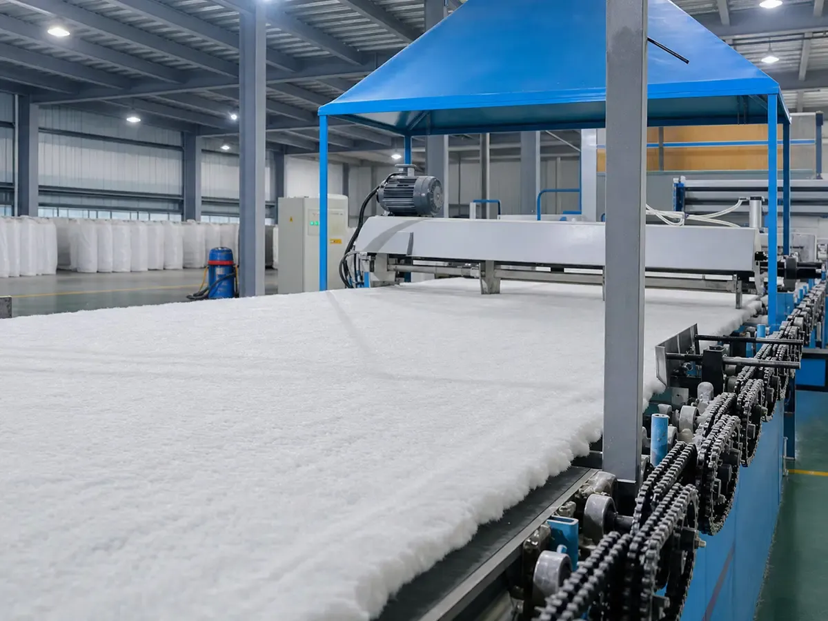 Formed white ceramic fiber blanket moving along industrial conveyor on production line