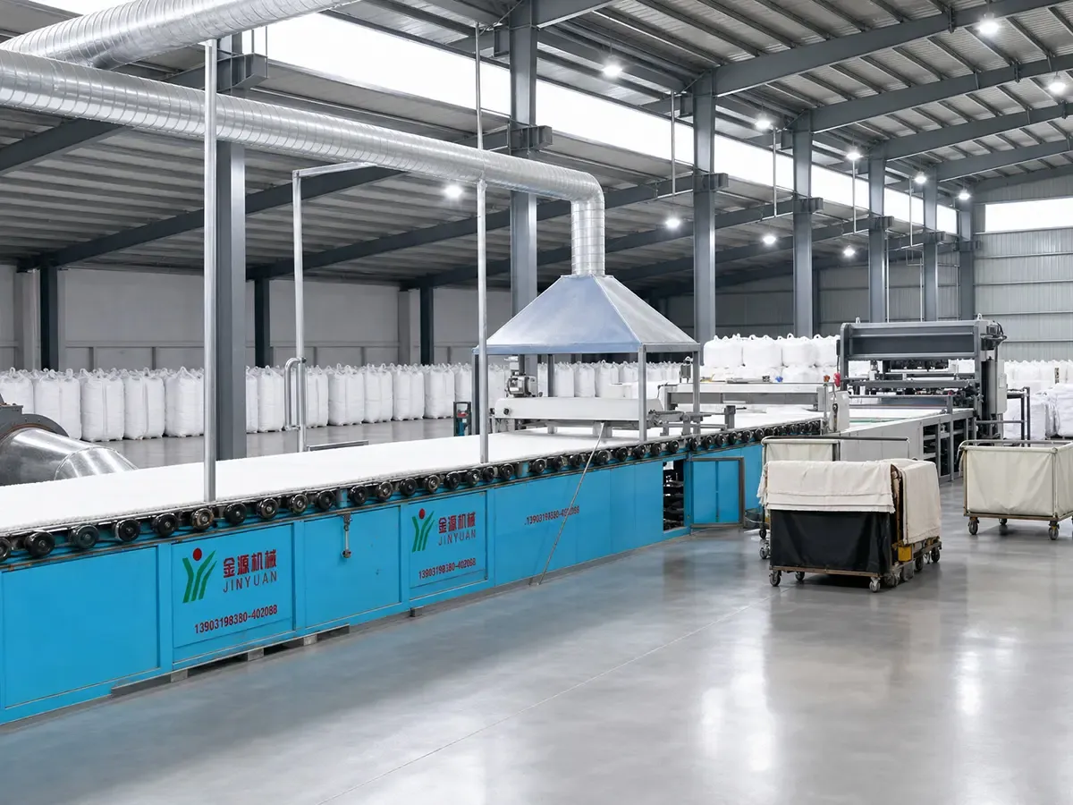 Wide view of ceramic fiber blanket production line with raw material bulk bags stored in factory workshop