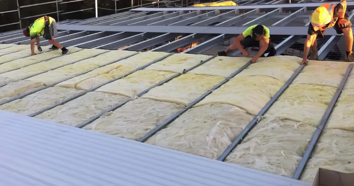 glass wool blanket on metal roof construction site