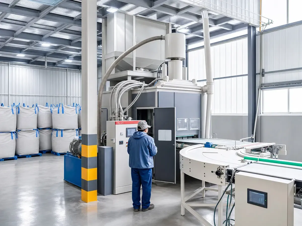 Factory operator monitoring nano calcium silicate board automatic production line inside industrial workshop