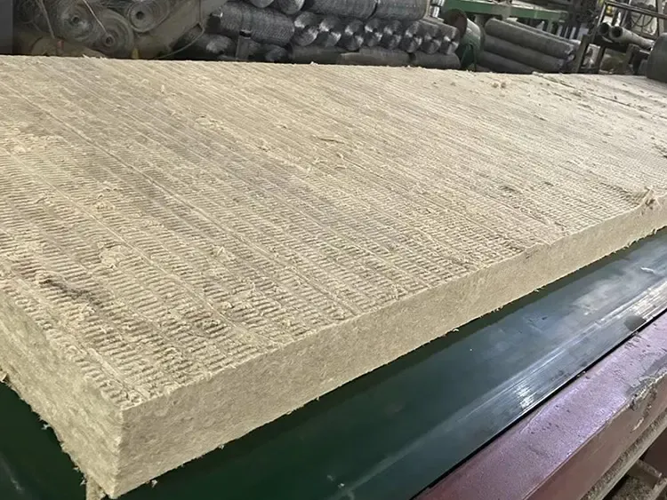 Textured rock wool slab on production conveyor